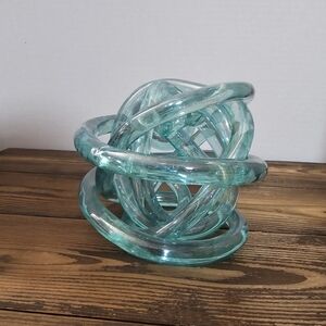 Aqua Hand Blown Style Glass Infinity Knot Sculpture Modern Coastal Decor 4”